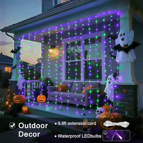JMEXSUSS 300LED Halloween Curtain Lights with Remote, 9.8x9.8ft Halloween Lights Plug in, Christmas Twinkle Hanging String Light for Bedroom Wall Window Backdrop Indoor Outdoor Decor, Purple and Green - color: Purple ann Green, size: 300 LED