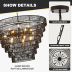 39.4" Large Rattan Chandelier, 15-Light Black Boho Woven Wicker Chandeliers, 7-Tier Rustic Farmhouse Drum Light Fixture for Dining Room, Kitchen, Living Room, Entryway, E12 - color: Black 39IN