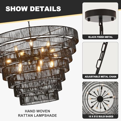 39.4" Large Rattan Chandelier, 15-Light Black Boho Woven Wicker Chandeliers, 7-Tier Rustic Farmhouse Drum Light Fixture for Dining Room, Kitchen, Living Room, Entryway, E12 - color: Black 39IN