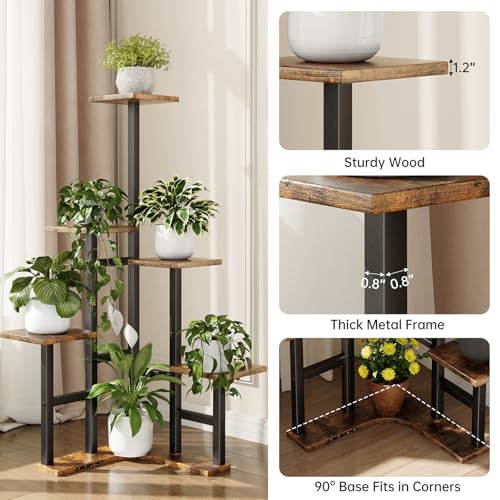 Yzosvki Corner Plant Stand Indoor, 6 Tiered Corner Plant Shelf Flower Stand for Multiple Plants, Plant Shelves Organizer Rack for Living Room, Balcony, Patio, Garden, Square Rustic Brown - color: Square-Rustic Brown, size: 6 Tier