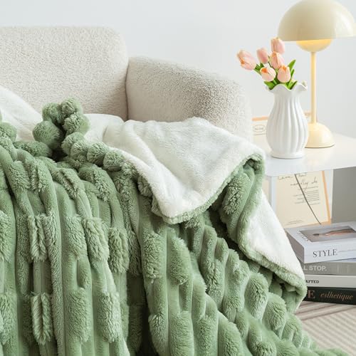 UKELER Sherpa Throw Blanket 60 × 80 inch- Cute Striped Design Soft Plush Fleece Blanket for Bed Couch Sofa Office Camping, 610 GSM, Green - color: C-green, size: 60x80 Inch