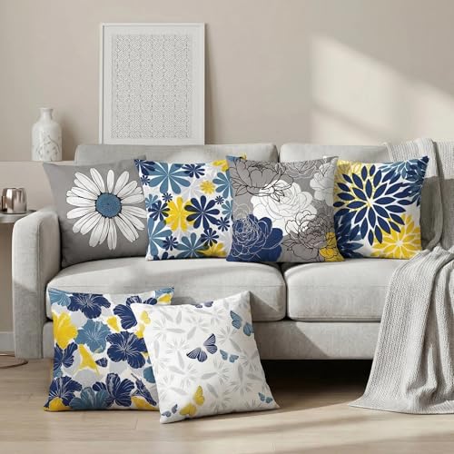 COMMINY Navy Blue Yellow Pillow Cover 20x20 Set of 6, Dasiy Dahlia Throw Pillow Covers, Blue Grey Pillow Case, Spring Summer Pillow Cushion Cover for Couch Sofa Home Decor - color: Navy Blue Orange, size: 20" x 20" (Pack of 6)