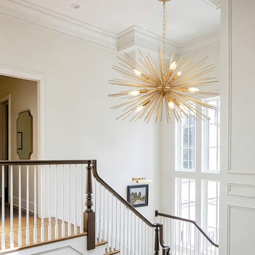 29" Modern Sputnik Chandelier 9-Lights Mid Century Modern Starburst Golden Chandelier Luxury Gold Solid Metal Sputnik Satellite Chandeliers for Dining Room, Kitchen Island, Bedroom - color: Golden 29" 9-Light