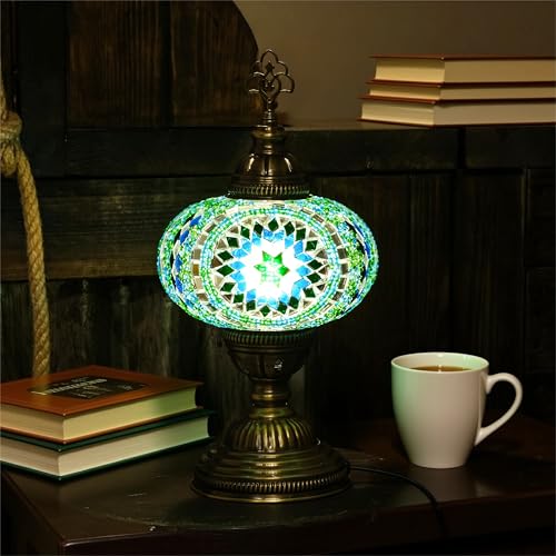 Turkish Mosaic Table Lamp with Bulb – Light Green Handmade Stained Glass Bedside Light, Authentic Turkish Boho Vintage Home Decor with E12 Socket - color: Light Green