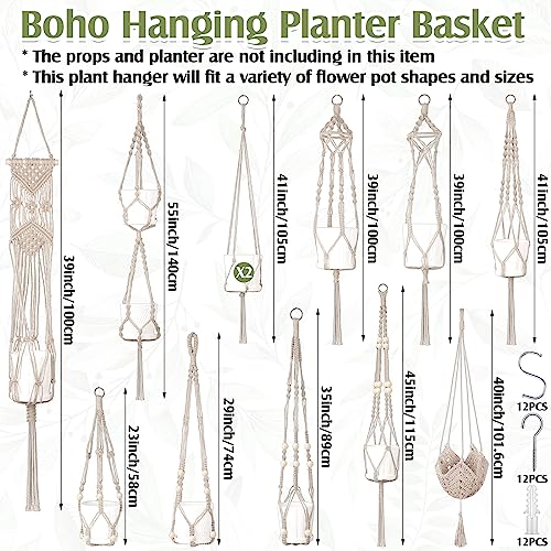 Hoteam 12 Pcs Macrame Plant Hangers Macrame Hanging Planters for Indoor Plants Handmade Boho Hanging Baskets Flower Pots Holder for Outdoor Home Wall Decor - color: White