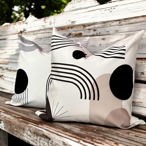 AYAY Modern Decorative Pillow Covers 18 x18 – Boho Throw Pillows for Couch Bed, Set of 2 Modern Cases, Printed Abstract Soft Velvet Pillows, Washable (Black, White and Beige, 18 x 18) - color: Black, White and Beige