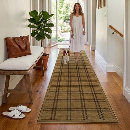 Jute 3x10 Hallway Runner Rug: Boho Washable Non Slip Carpet with Rubber Backing No Shed Woven Farmhouse Home Decor Pet Friendly Easy Care Rugs for Kitchen Entryway Bedroom Plaid - color: Brown Plaid, size: 3' x 10' (Rectangular)