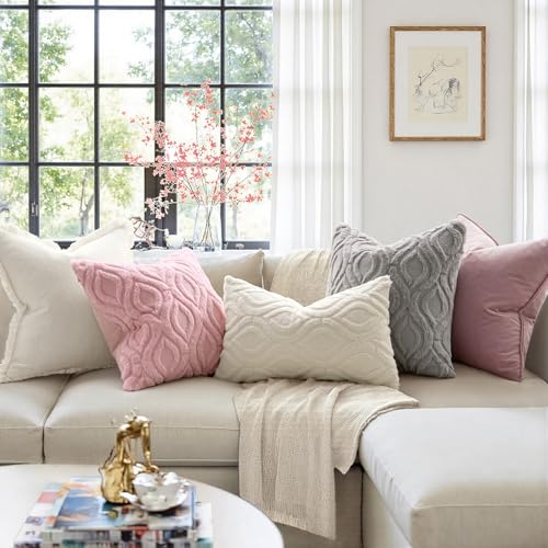 MIULEE Light Pink Valentines Throw Pillow Covers 18x18 Inch, Soft Spring Plush Faux Wool Couch Pillow Covers Set of 2 Decorative Farmhouse Boho Throw Pillows for Sofa Living Room Bed - color: Light Pink, size: 18" x 18" (Pack of 2)