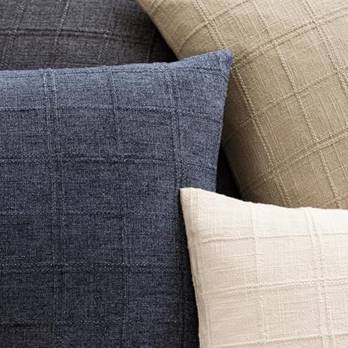 Foindtower Set of 1 Decorative Linen Check Throw Pillow Cover Neutral Farmhouse Vintage Cushion Cover Modern Boho Home Decor for Sofa Chair Couch Bedroom Living Room,16×16 Inch,Navy Blue - color: Navy Blue, size: 16" x 16" (Pack of 1)