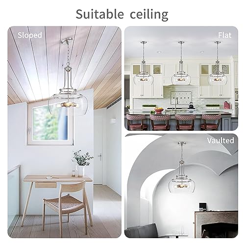WUZUPS Chandelier Rustic Farmhouse Industrial Round Ceiling Pendant LED Light Fixture Clear Seeded Glass Shade for Dining Room Kitchen Island Foyer Entryway, H 20.9" x W 15.9", Brushed Nickel - color: Pendant Light, Brushed Nickel, 3-Light, size: H 20.9"