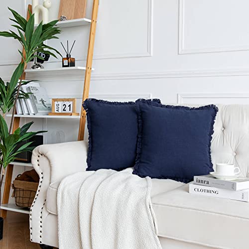 AmHoo Pack of 2 Linen Pillow Covers with Tassels Fringed Decorative Rustic Natural Throw Pillowcase Cushion for Couch Sofa Bedroom 20 x 20-Inch Navy Blue - color: Navy Blue, size: 20" x 20" (Pack of 2)