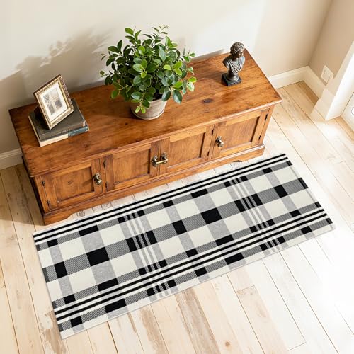 Buffalo Plaid Rug 2x6 Ft Black and White Runners for Hallways Washable Checkered Rug Cotton Kitchen Runner Carpet Runner Rugs for Entryway Bedroom Living Room Farmhouse Runner Rug - color: Black and White Checkered Rug, size: 2‘×6’