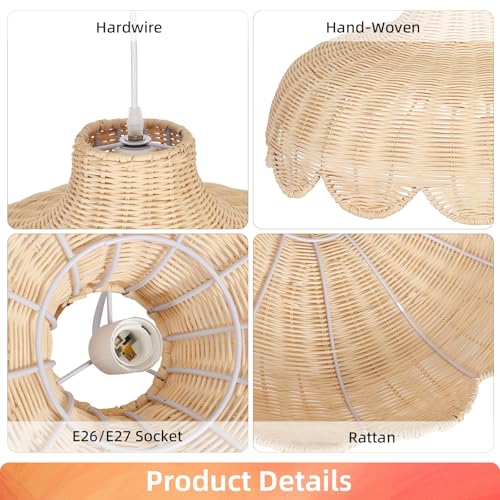 Arturesthome Rattan Pendant Lighting for Dining Room,20.4" Rattan Chandelier Woven Boho Chandelier Wicker Pendant Lamp for Kitchen Restaurant - size: 20.43"*11"