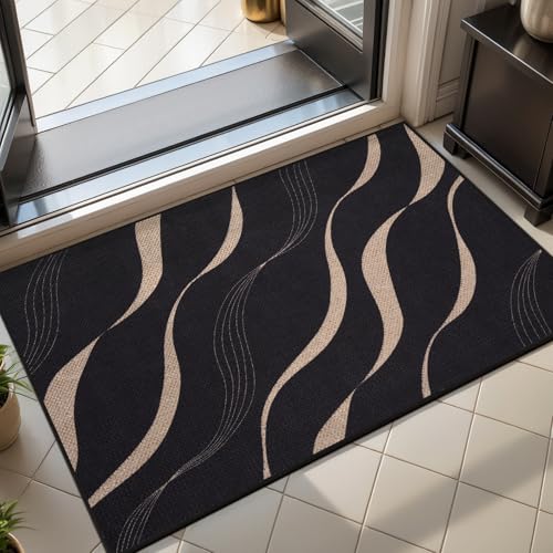 Tangsoo Easy Jute 2x3 Rug for Entry,Washable Thin Outdoor Rug Non-Slip Black Wavy Lines Indoor Mat Small Throw Carpet for Kitchen Bedroom Front Porch Doorway Entrance - color: Black Lines, size: 2x3ft
