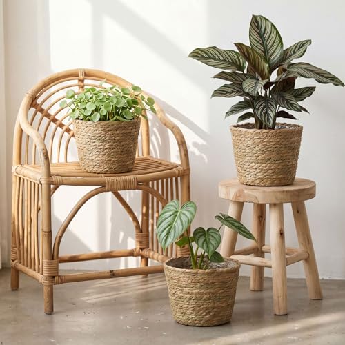 4 Pcs Straw Plant Baskets Indoor Rattan Woven Flower Baskets with Plastic Liner, Cattail Plant Planter for Indoor Outdoor Rustic Boho Home Farmhouse Floor Potted Pots Decor - color: Natural, size: L(7.09" Top D X 6.3" Bottom D X 6.3"h), style: Cattail
