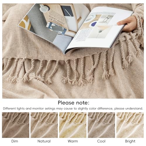BATTILO HOME Beige Chenille Throw Blanket for Couch, Soft Cozy Textured Knit Throw Blanket with Handmade Fringe Tassels, Lightweight Decorative Farmhouse Blanket for Sofa Bed Chair, 50"x60" - color: Beige