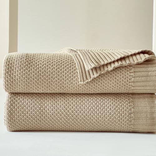 Simple&Opulence 100% Cotton Blanket Queen Size, Solid Color Cable Knitted Blanket Super Soft Comfortable Breathable Decorative Farmhouse for Couch Sofa Bed, All Season Use(Light Khaki,90x90) - color: Light Khaki, size: Queen Size 90x90"
