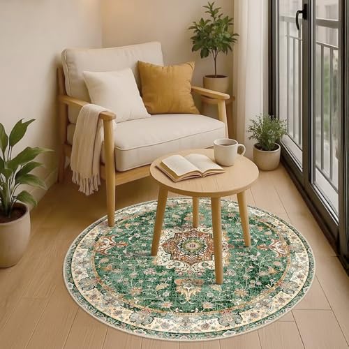 Green Round Rug 4ft,Circle Washable Area Rugs for Bedroom Bathroom Entryway Kitchen,Small Boho Vintage Bohemian Distressed Oriental Floral Carpet Non Slip,Retro Sage Floral - color: Green, size: 4'x4'