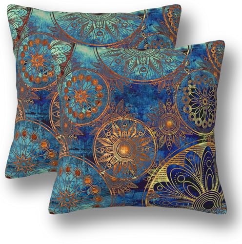 Boho Floral Pillow Covers 20 x 20 Set of 2 Bohemian Ethnic Style Linen Throw Pillow Cover Mandala Pattern Vintage Blue Decorative Pillowcases for Living Room Couch Bed Sofa Outdoor - color: Boho, size: 20" x 20" (Pack of 2)