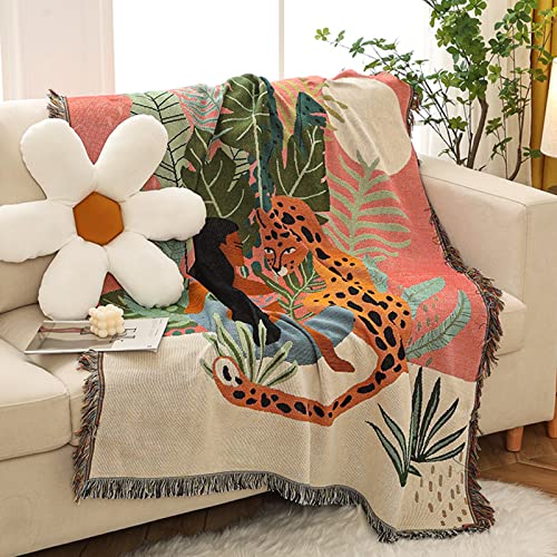 LumiSyne Double-Sided Cotton Woven Throw Blanket with Tassel Jungle Bohemian Style Tapestry Shawl Multi-Function Decorative Throws for Sofa Bed Armchair Camping Blanket Tablecloth Carpet 160x130cm - color: Cheetah Girl