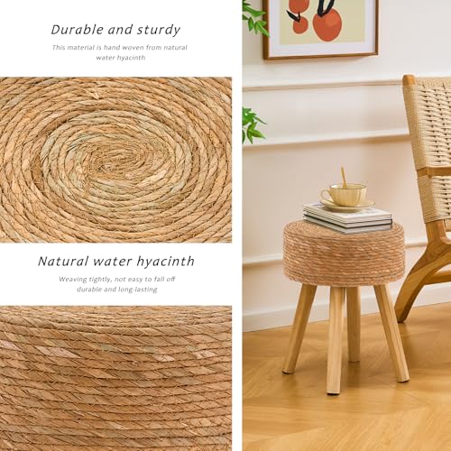 Handwoven Outdoor Ottoman, Water Hyacinth Pouf Round Patio Footstool with Wood Legs, 17-Inch Multipurpose Vanity Stool, Dining Chair, Patio Footrest for Balcony and Garden, Natural - color: Natural, size: 13"D x 13"W x 16.9"H