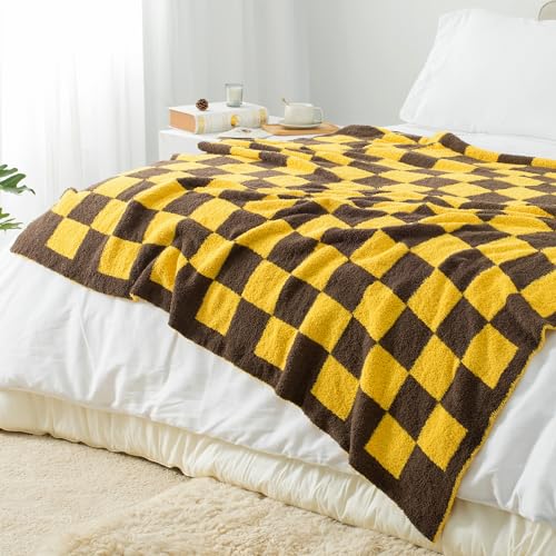 Carriediosa Checkered Throw Blanket 50" X 60", 400GSM Ultra Soft Microfiber Fuzzy Fluffy Reversible Cute Preppy Knitted Blankets Cozy Plush Fall Throws for Couch, Bed, Sofa, Yellow and Brown - color: Check - Yellow and Brown, size: 50" X 60"