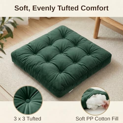 Floor Pillow for Adults, Soft Velvet Floor Cushion for Sitting, Single Square Tufted Floor Pillow for Reading Nook, Living Room, Bedroom, 22 x 22 Inch, Green - color: Green, size: 1pack
