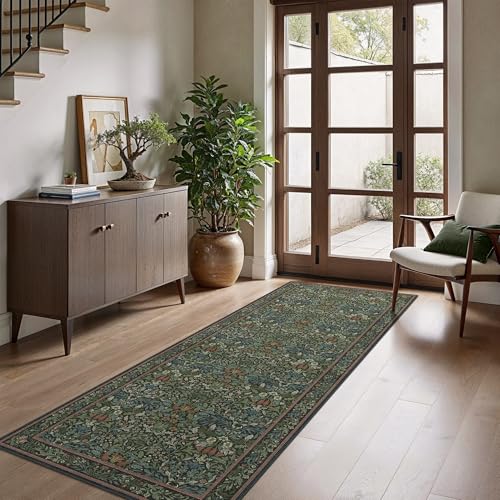Bavni 2'6" x 8' Runner Rug, Washable Non Slip Hallway Runner Rug, Boho Floral Carpet for Entryway, Kitchen, Laundry Room, Soft Ultra Thin Botanical Long Rug for Indoor Floor, Dark Green - color: Dark Green, size: 2'6" x 8' (Rectangular)