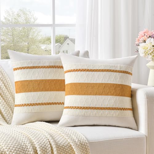 Fancy Homi Set of 2 Mustard Yellow Fall Decorative Throw Pillow Cover 16x16 Inch for Couch Bed Sofa, Autumn Halloween Thanksgiving Home Decor, Soft Cotton Aesthetic Cushion Case - color: Mustard Yellow, size: 16" x 16" (Pack of 2)