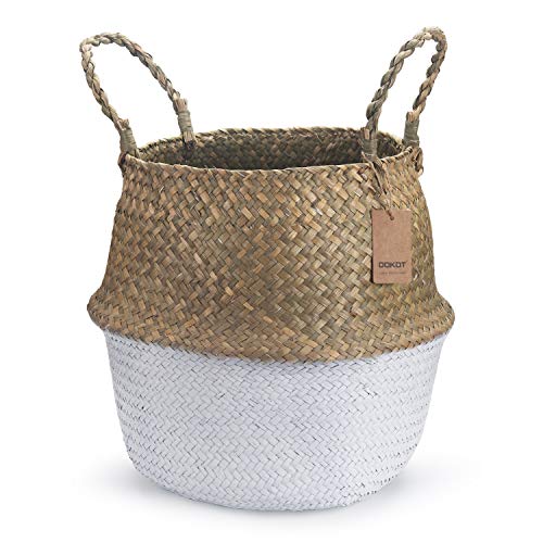 Seagrass Plant Basket with Handles, Natural Woven Storage Wicker Baskets (White S(7“ D x 8" H)) - color: White, size: S(7“ D x 8" H)