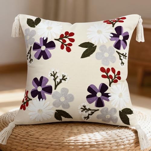 Floral Embroidered Pillow Covers 18x18 Inch Set of 1, White Daisy Decorative Throw Pillow Covers with Tassels, Spring Farmhouse Purple Flowers Cushion case for Couch Sofa Bed Living Room - color: Blooming Daisy