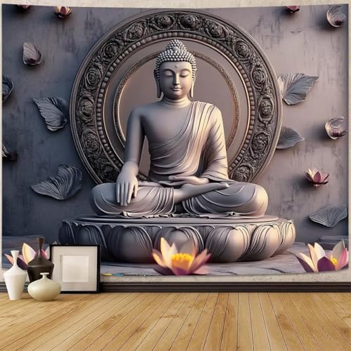 FENDROM Vintage Sitting Buddha Tapestry Wall Hanging Buddhist Statue Tapestries Lotus Meditation Wall Decor Psychedelic Indian Zen Art for Bedroom Living Room Home Decor - color: Grey2, size: 59"L x 51"W
