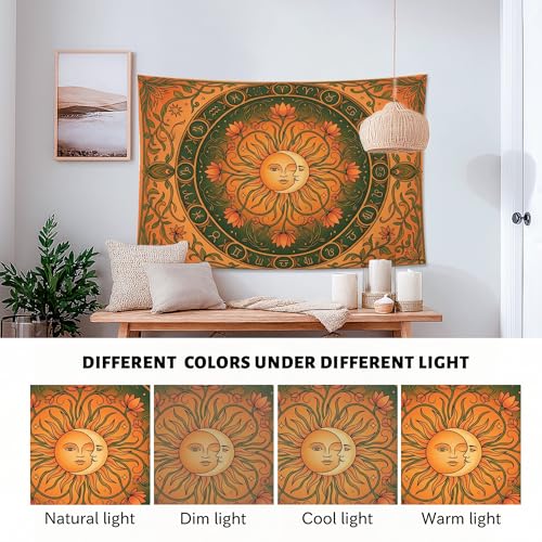 Water Lily and Sun Orange Green Tapestry, Floral Mandala Bohemian Decorative Wall Hanging, Aesthetic Tapestries for Living Room, Bedroom, Meditation 60x50 Inch - size: 60x50 Inch