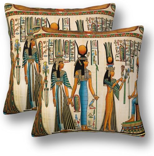 Egyptian Pillow Covers 18 x 18 Set of 2 Vintage Ancient Linen Throw Pillow Cover Queen Nefertari Decorative Pillowcases Farmhouse Home Decor for Couch Bed Sofa Outdoor, Churent-P0327-PC004 - color: Egyptian