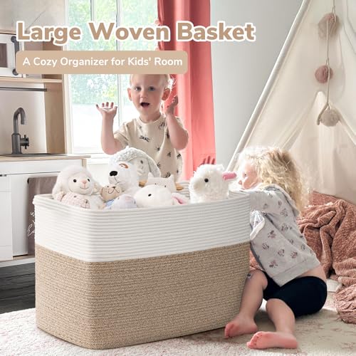 Goodpick Large Woven Blanket Basket 105L, 25"x16"x16" Cotton Rope Organizer for Toys, Dirty Clothes, Extra Large Rectangle Storage Basket for Living Room, Bedroom, White & Brown - color: White & Light Brown, size: XX-Large(25"L x 16"W x 16"H)