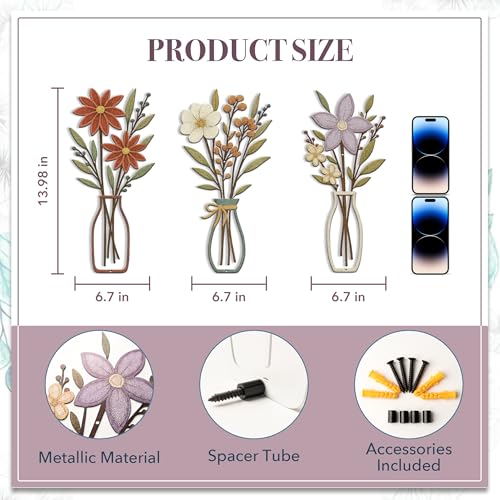 3 Piece Metal Flower Wall Art for Bedroom Living Room Rustic Farmhouse Floral Wall Decor for Bathroom Dining Room Boho Home Decorations Modern Minimalism Walls Hanging Sculptures(Red Purple) - color: Red Purple & Vase Flower