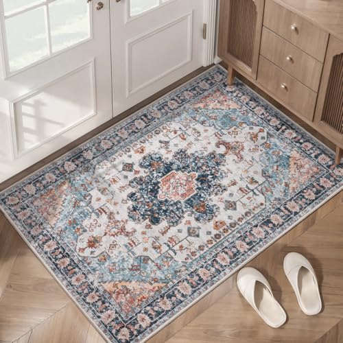 Tangsoo Vintage Rug 2x3 Washable Rug for Entryway, Non Slip Small, Indoor Front Door, Print Distressed Blue/Beige Door Mat Carpet, Soft Low Pile Rugs for Entrance Kitchen Bedroom Bathroom - color: Blue/Orange, size: 2' X 3' (Rectangular)