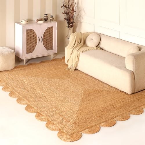 Scalloped Natural Jute Area Rug 8x10ft – Handwoven Natural Fiber Rug for Living Room, Bedroom, and Entryway, Rustic & Boho Style - size: 8' x 10' (Rectangular)