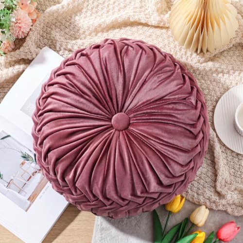 Drydiet 1 Pcs Round Throw Velvet Pillows Decorative Pleated Throw Pillows Diameter Accent Pumpkin Boho Chair Cushion for Couch Sofa Home Decoration (Dusty Mauve Pink, 15'') - color: Dusty Mauve Pink, size: 15''
