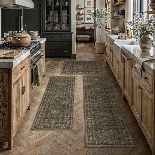 Kitchen Rug Set of 3 Washable Brown Vintage Kitchen Mats for Floor Non-Slip Kitchen Runner Rug Soft Low Pile Distressed for Bathroom Laundry Hallway Sink Entryway - color: Dark Brown, size: 20"x32"+20"x48"+20"x59"