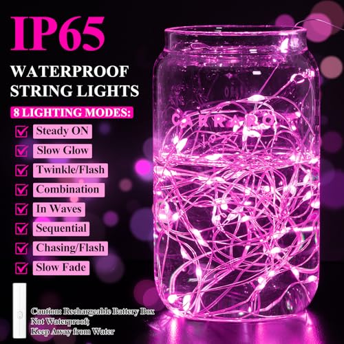 Lakumu 16FT(5M) Pink Copper Wire Fairy Lights, Rechargeable Battery Operated String Lights with Timer, 8 Modes Waterproof Mini LED Twinkle Lights for Bedroom Christmas Wedding Centerpiece Table Decor - color: Pink, size: 16FT