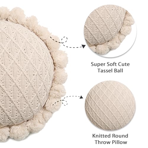 Acrylic Knitted Round Throw Pillow Knitting Bohemian Circular Cushion Pillow with Knit Handmade Pompoms Decorative Lotus Pink, Diameter 18inches - color: Lotus Pink