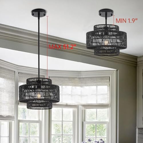 12.4” Black Boho Rattan Chandelier Light Fixture, 1-Light Hand Woven Pendant Light Fixture Farmhouse Rustic Hanging Lamp for Kitchen Island Bedroom, Dining Room, Living Room, Entryway, Foyer - color: Black, size: 12.4" 1-Light