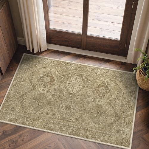 Bavni 2x3 Entryway Rug for Front Door Bathroom, Washable Vintage Print Carpet, Low Pile Lightweight Rug with Non Slip Backing, Light Brown - color: Area Brown, size: 2' x 3' (Rectangular)