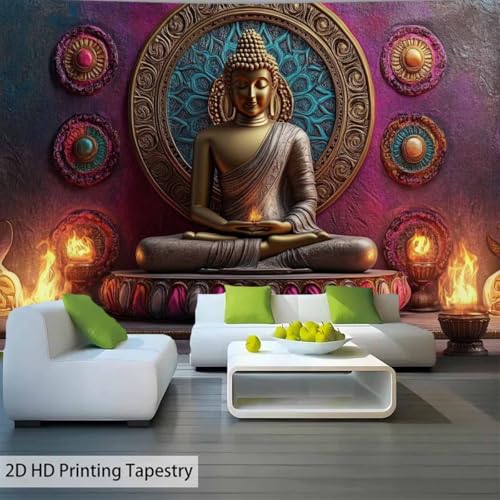 FENDROM Vintage Meditation Tapestry Gloden Buddha Zen Happiness Wall Hanging Large Tapestries Psychedelic Buddhist Poster Decorations Bedroom Living Room Dorm - color: Red, size: 79"L x 59"W