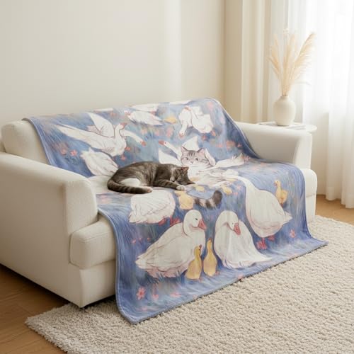 Neasow Cute Cat and Goose Throw Blanket, Whimsical Funny Pastoral Farm Meadow Flannel Blanket, Super Soft for Couch Dorm Sofa Room, Unique Gift for Kids Teens Adults, 50×60 inch - color: Cat and Goose, size: 60"L x 50"W