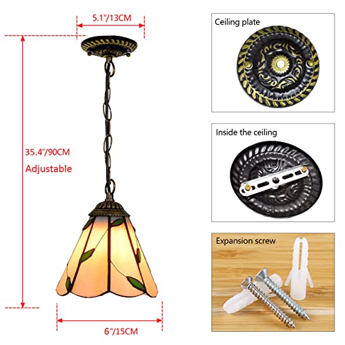 6 Inches Tiffany Style Pendant Ceiling Light Pastoral Stained Glass Pendant Lamp Fixture for Restaurant Hallway Kitchen Bar Hanging Lighting,110-240V,E27,40W(15×90cm),A