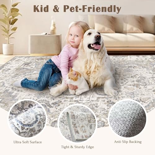 LUXRUG 6x9 Area Rug for Living Room - Large Oriental Washable Rugs for Bedroom Non-Slip Cream Stain Resistant Dining Room Rug Farmhouse Low-Pile Carpet Soft Vintage Rug for Office Guest Room - color: Cream / Blue, size: 6' x 9' (Rectangular)