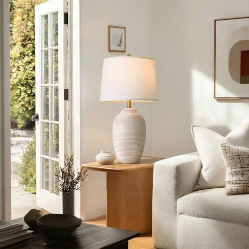 USumkky 29.5" Tall Vintage Ceramic Table Lamp with 5FT Cord - Single Large Rustic Farmhouse Bedside Lamp with Linen Shade & Natural Textured Finish, Nightstand Table Lamp for Bedroom End Table, Beige - color: 29.5" Beige