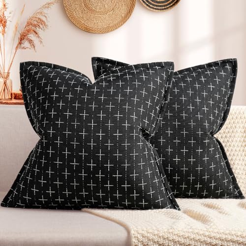ZWJD Pillow Covers 22x22 Set of 2 Soft Polyester Textured Pillow Covers with Stylish Flange Edge Cozy Farmhouse Throw Pillows for Couch Bed Sofa Living Room - color: Black, size: 22" x 22" (Pack of 2)
